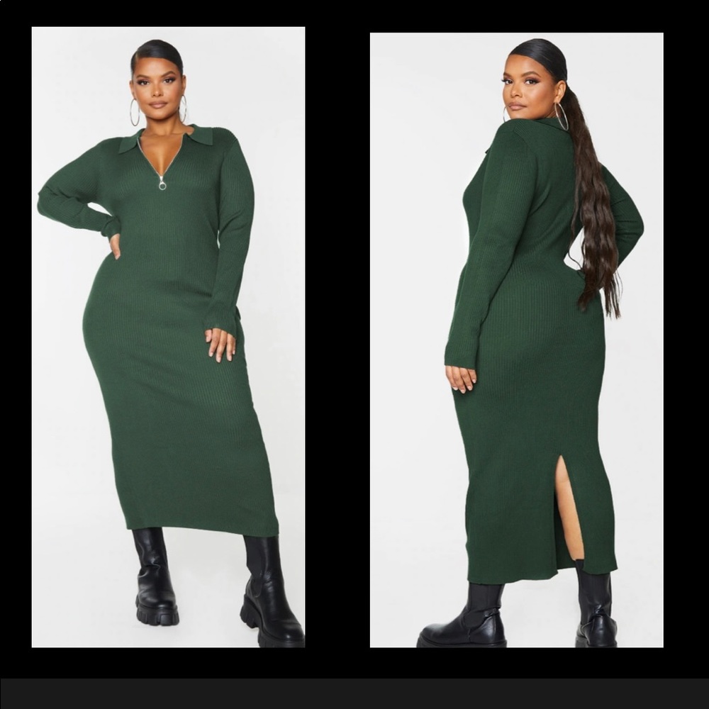 PRETTY LITTLE THING Plus Olive Half Zip Collared Detail Midaxi Dress XXL  *NEW*